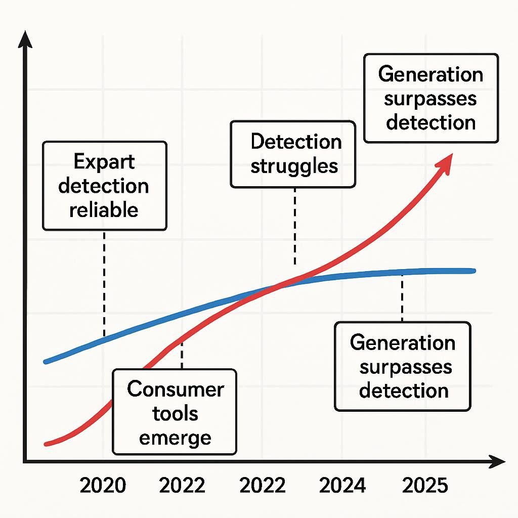 Timeline chart showing deepfake generation capabilities outpacing detection abilities from 2020 to 2025, with regulatory milestones marked including EU AI Act enforcement in February 2025