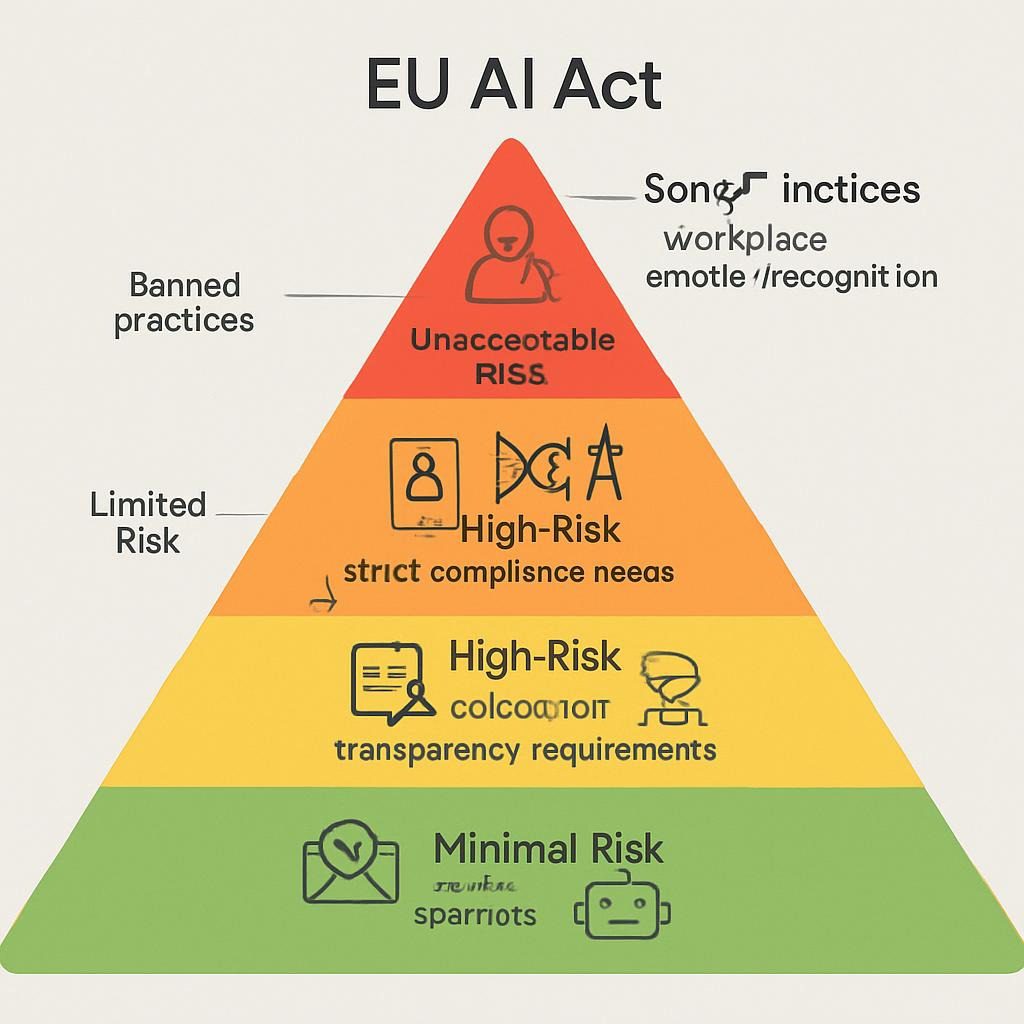 Pyramid diagram illustrating EU AI Act risk-based regulatory framework with four tiers from minimal risk (bottom, unregulated) to unacceptable risk (top, prohibited practices)