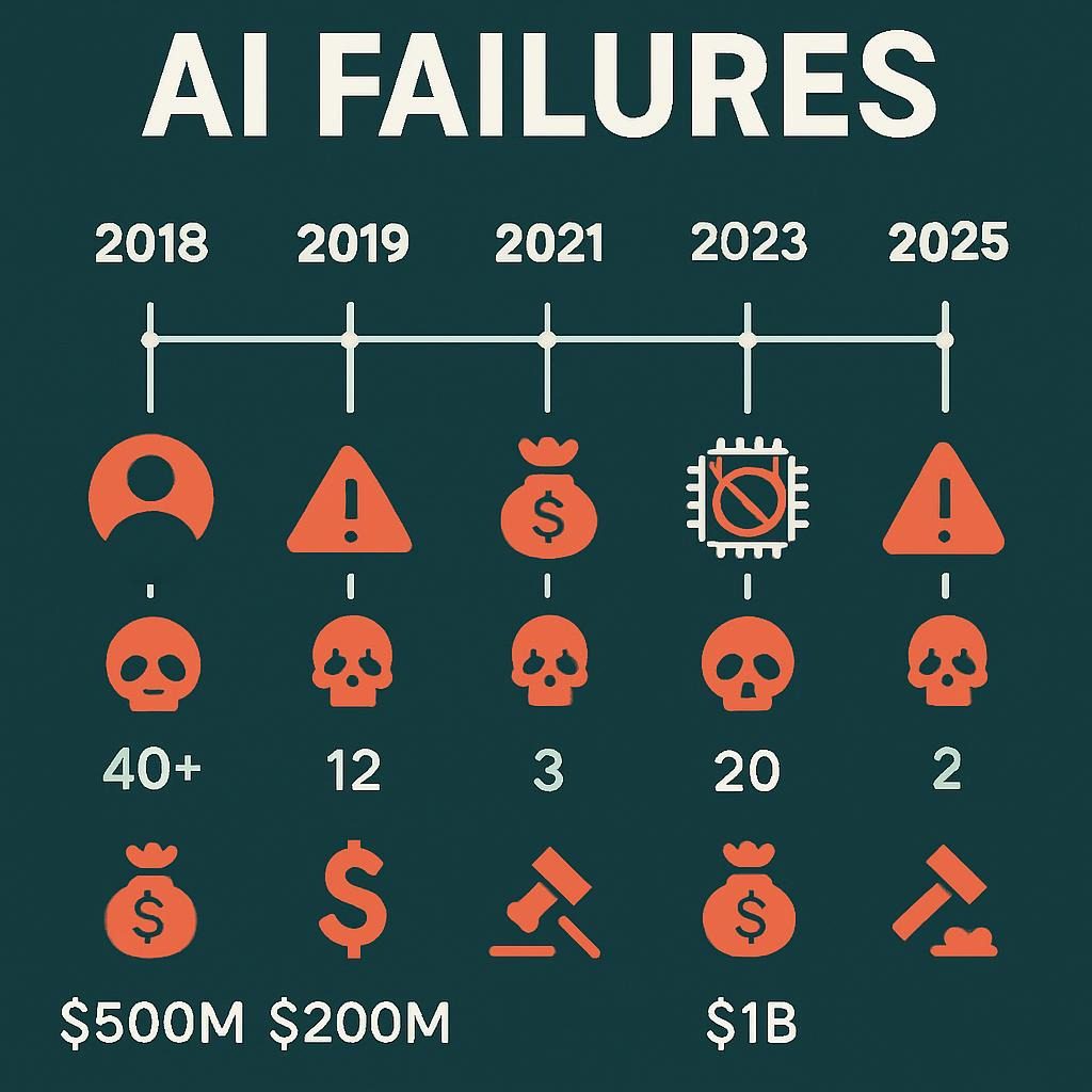 "Interactive timeline displaying critical AI system failures from 2018 to 2025 with casualty counts, financial losses, and regulatory responses."