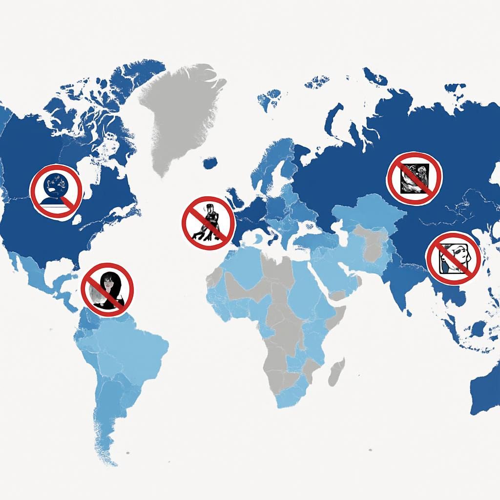 World map showing AI regulatory stringency by region in 2025, with EU in dark blue indicating strictest comprehensive framework, California and UK in medium blue for developing regulations, and varying levels globally