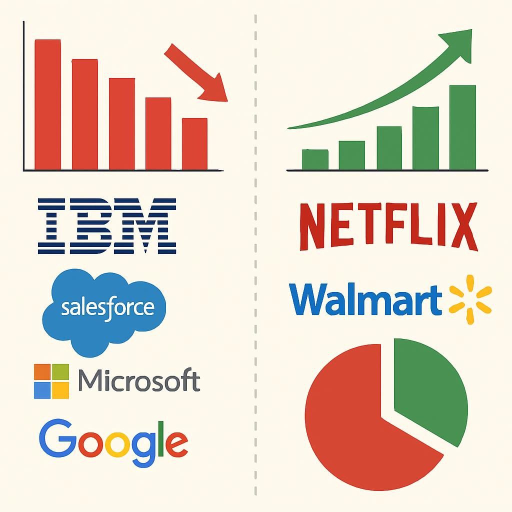 Case study infographic with charts showing job losses and gains, corporate logos like IBM and Netflix 