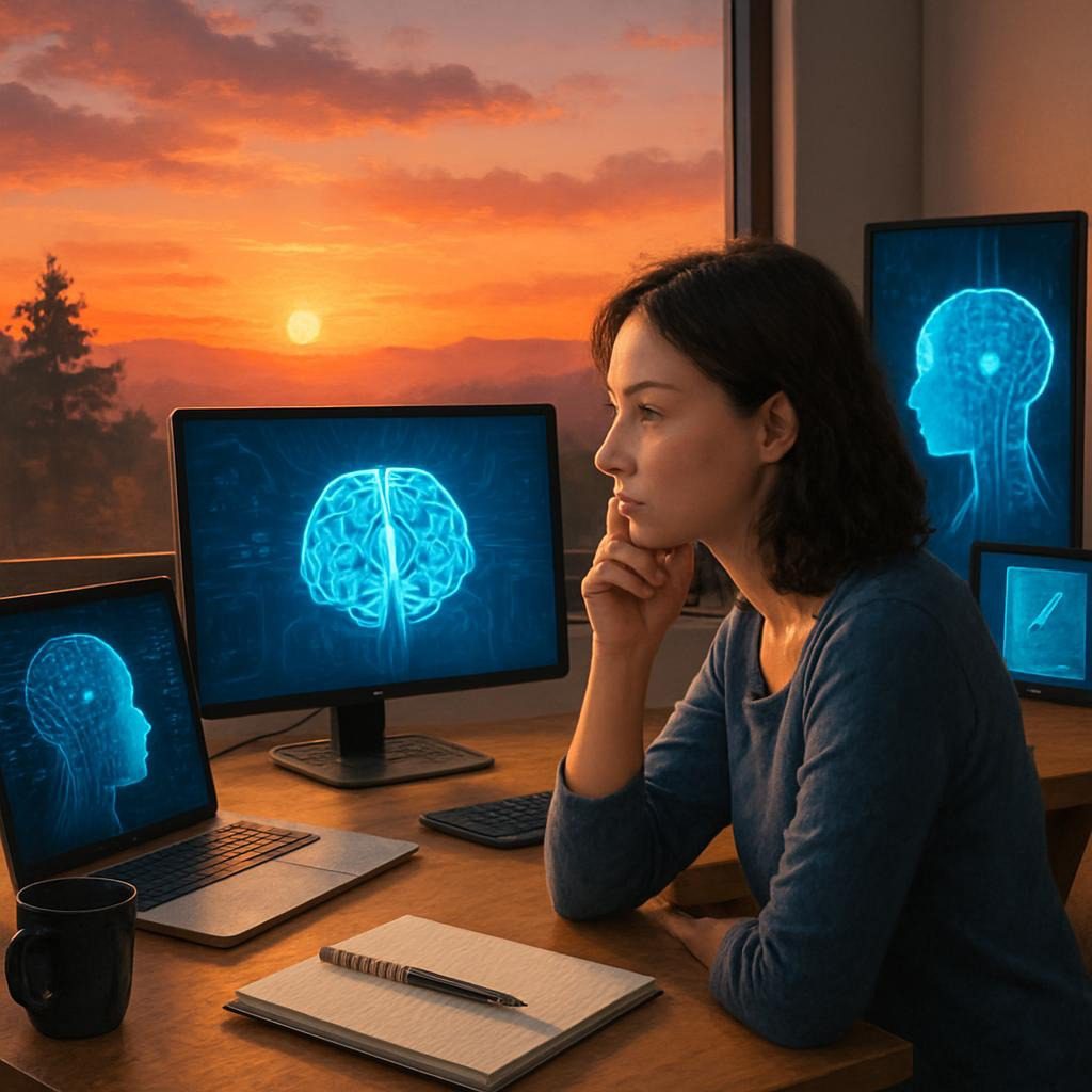 Reflective blogger at desk with AI screens, motivational sunset background