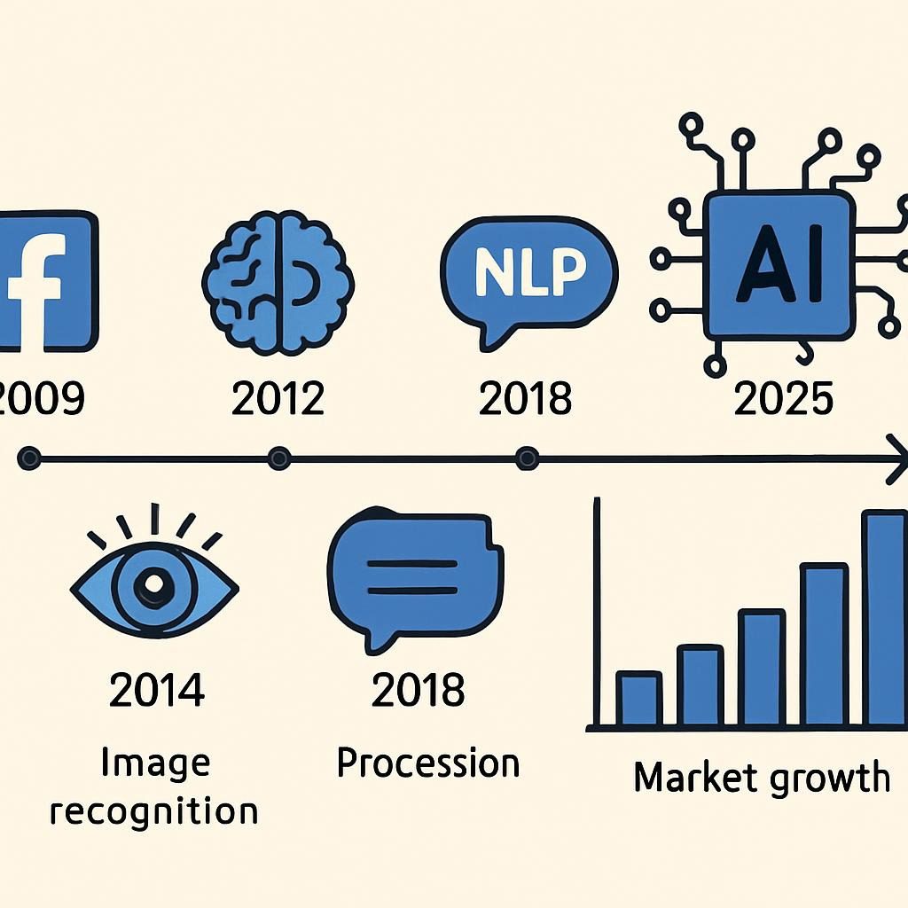 A timeline of AI algorithm evolution from Facebook's 2009 News Feed to 2025's generative AI integrations, with key milestones and market growth charts