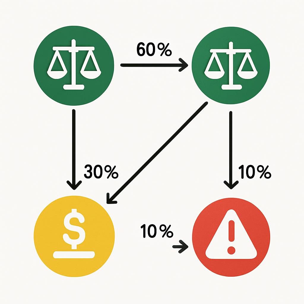 Scenario pathway diagram: Green (equity icons), yellow (balances), red (warnings), with probabilities