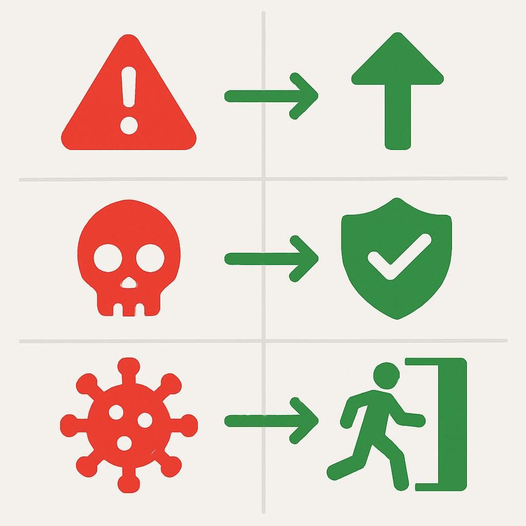 Icon grid with red risks and green arrows to mitigations