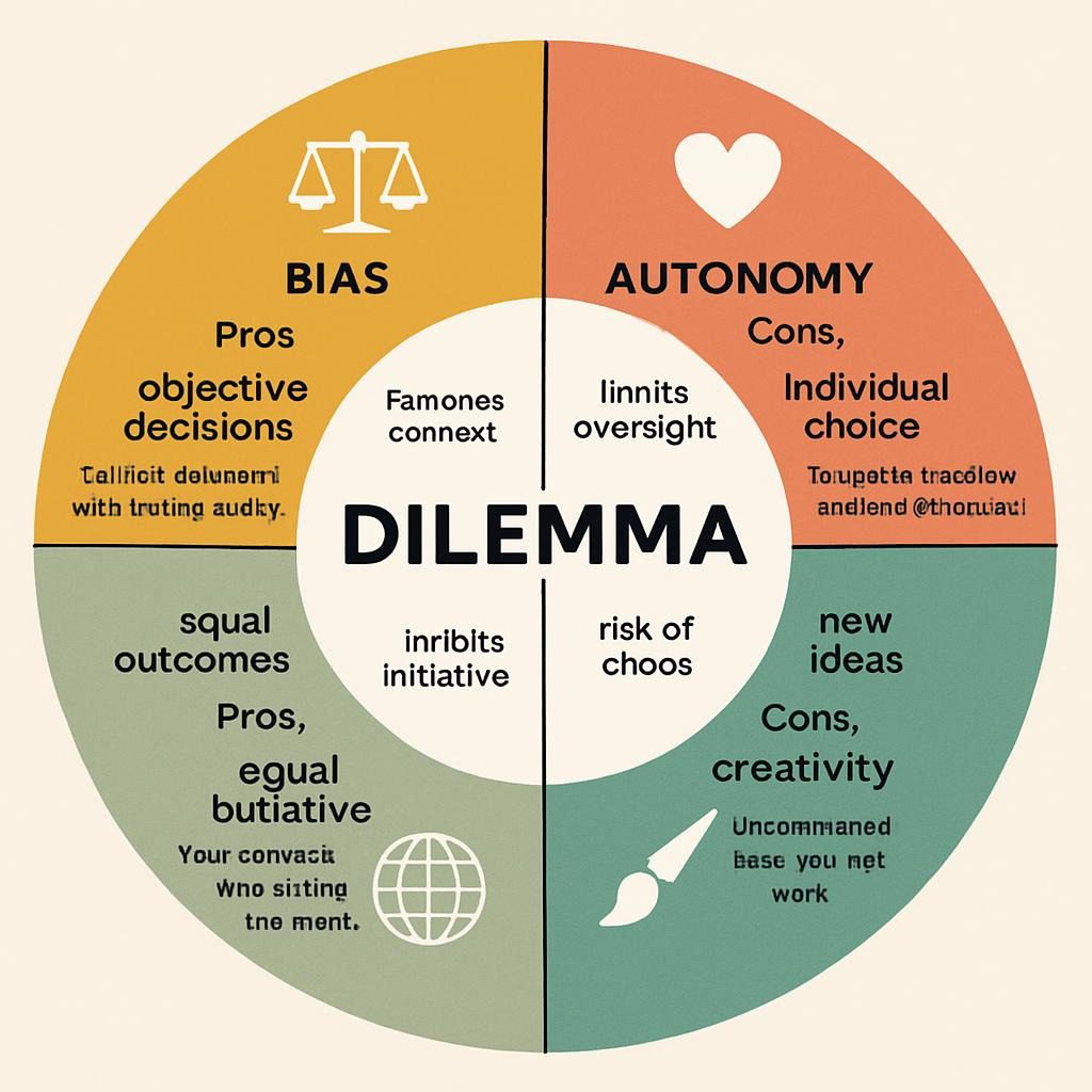 Dilemma wheel infographic: Segments for bias (scales icon), autonomy (heart), creativity (brush), equity (globe); with pros/cons and quotes