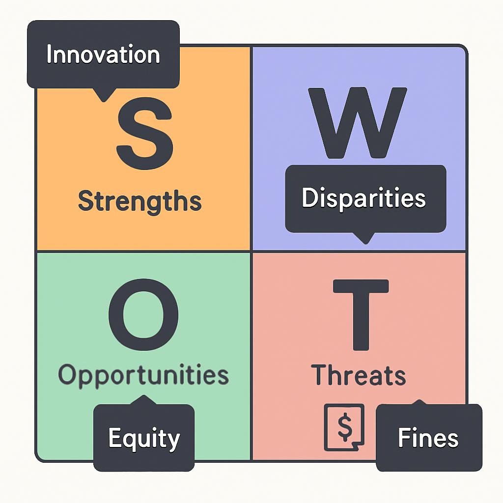 Interactive SWOT matrix with hover quotes: Strengths (innovation), Weaknesses (disparities), Opportunities (equity), Threats (fines)