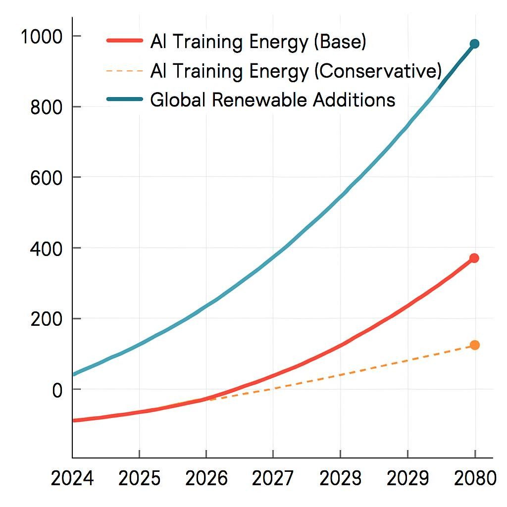 Line graph showing AI energy demand rising from 29 TWh in 2024 to 110–210 TWh in 2030, crossing renewable capacity growth trajectory by 2028 in base scenario.