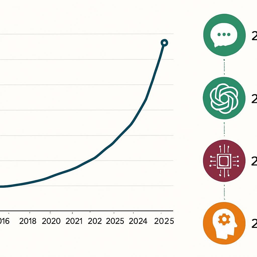 line graph, 2016-2025 data from Imperva) and an infographic timeline of AI milestones (e.g., ChatGPT launch to AI Mode